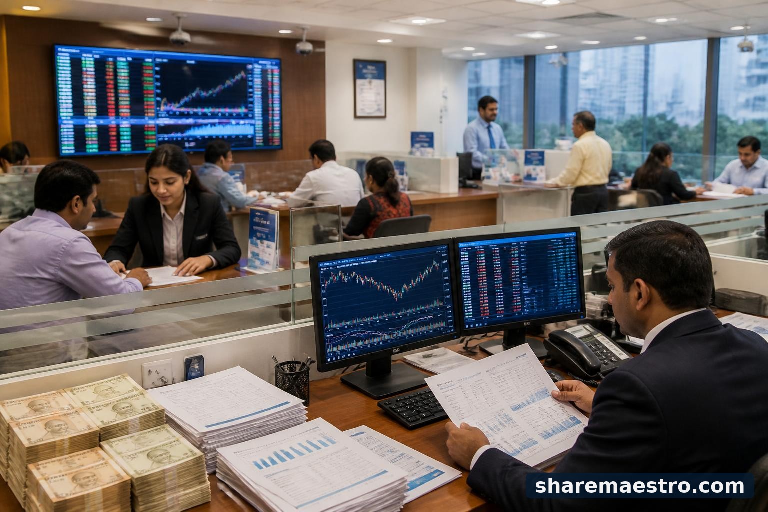 Modern regional bank branch setting with financial documents and market-data screens representing HDFC Bank.