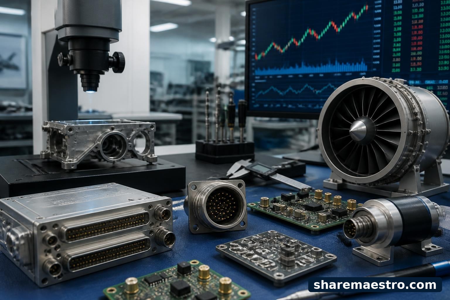 Aerospace and defense electronic components on an inspection bench with market data screens in the background.