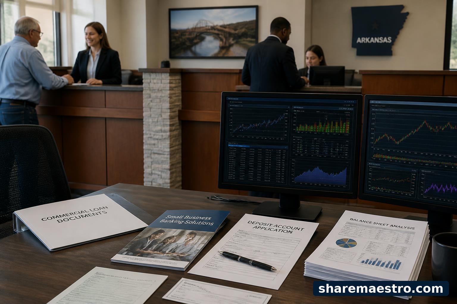 Regional bank branch and market data terminal representing Home BancShares earnings watch.