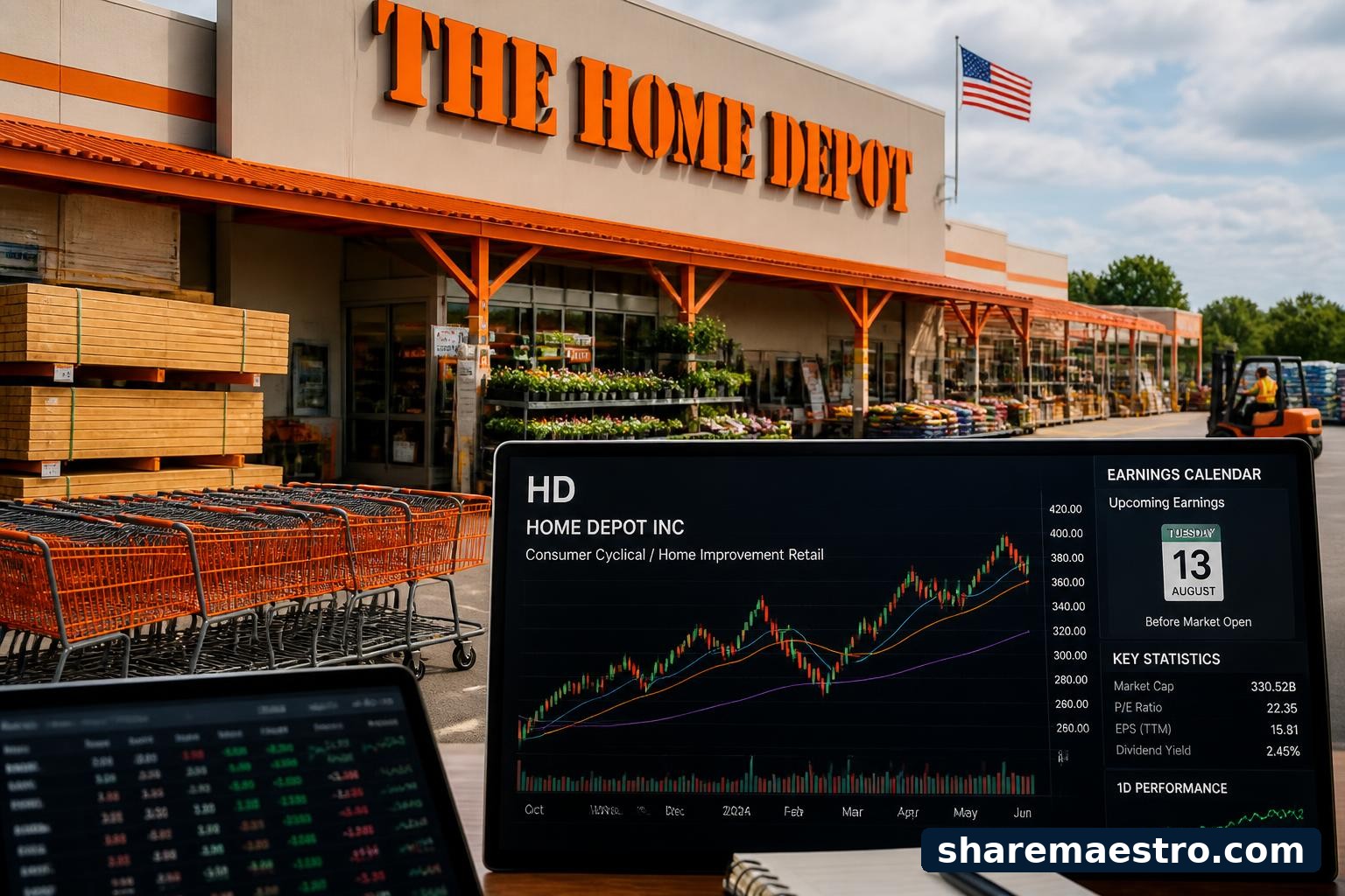 Home Depot store and home improvement retail items with a market data screen representing earnings watch context.