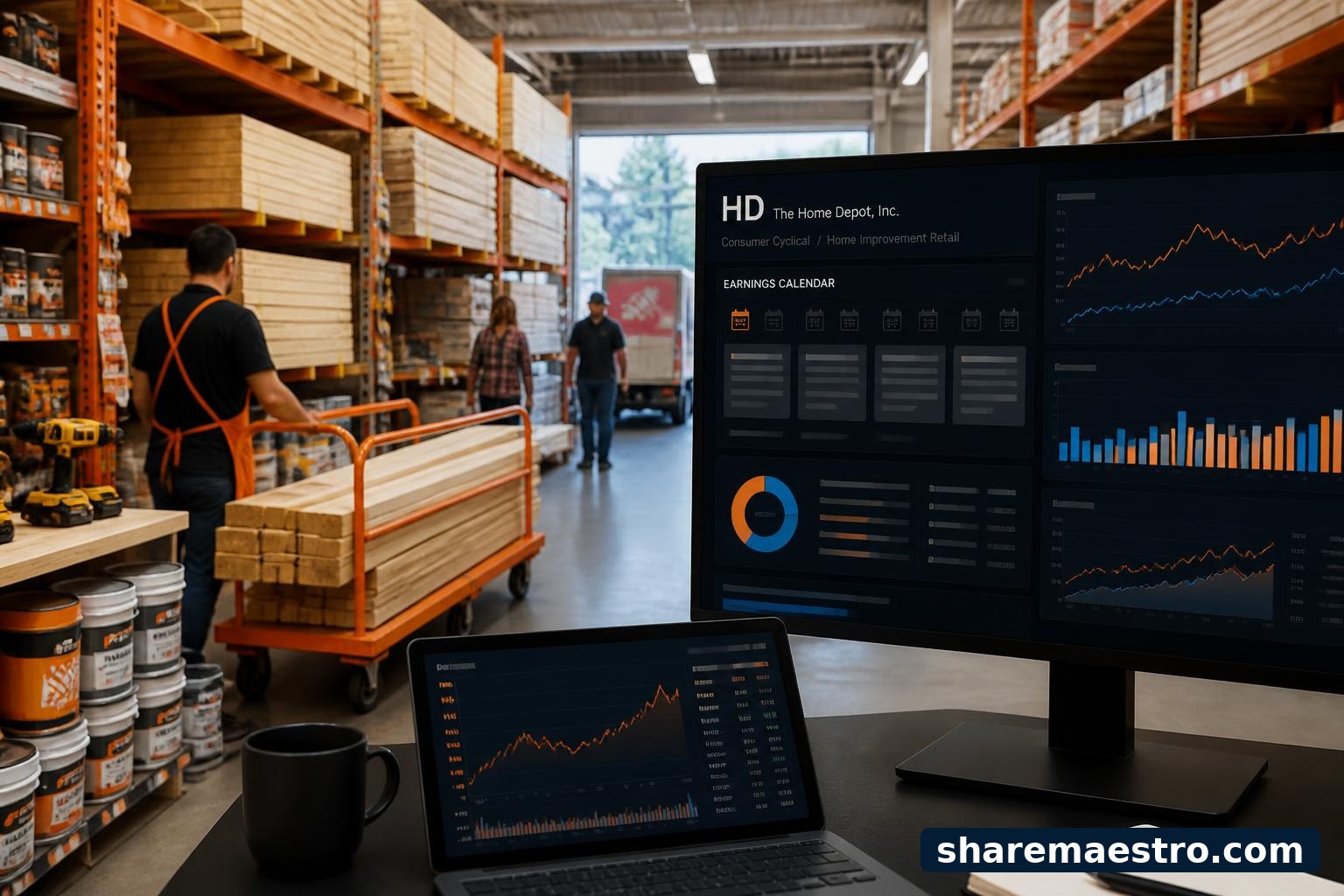 Home improvement retail aisles with tools and building materials beside a financial data screen for earnings context.