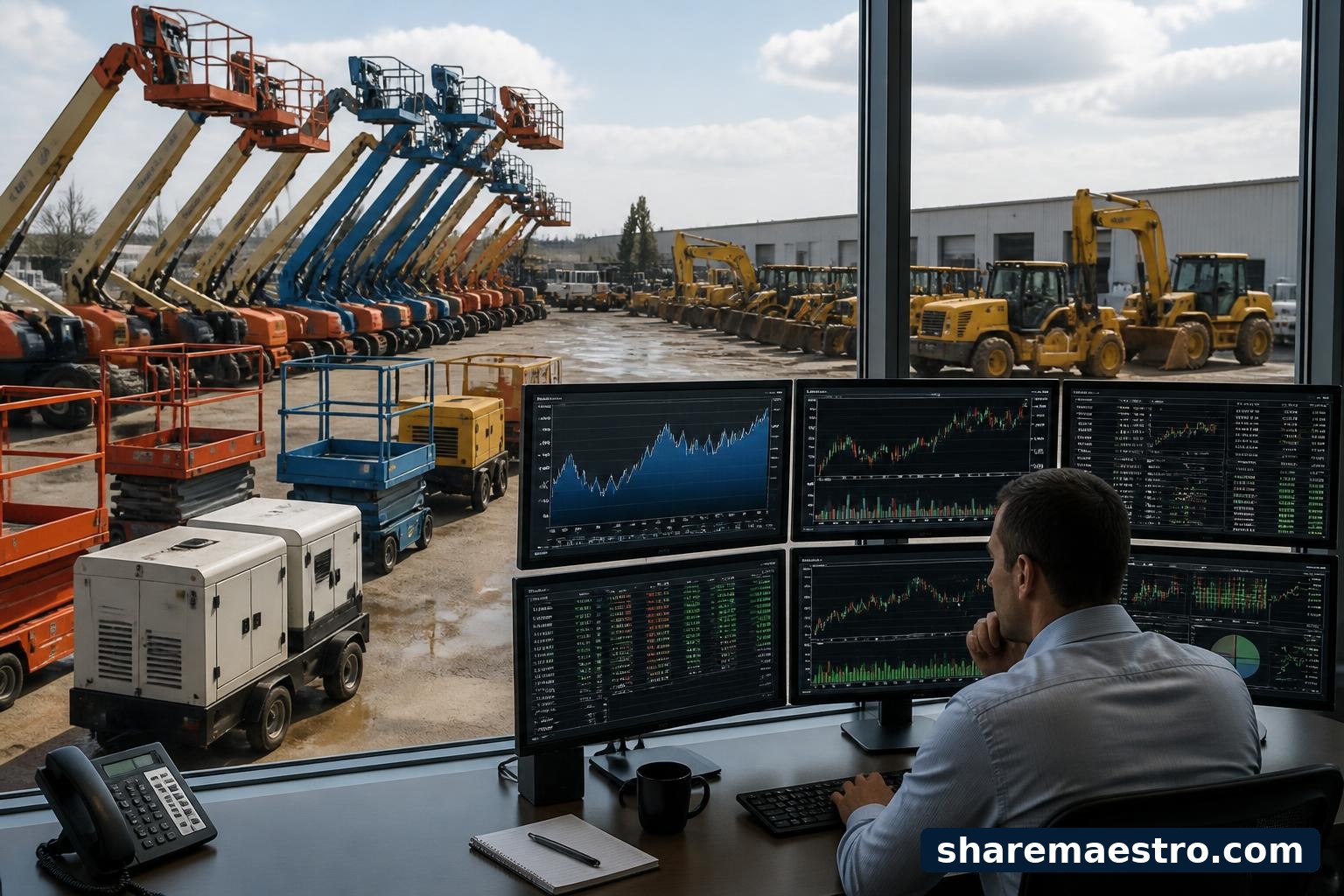 Rows of construction rental equipment in an industrial yard beside a market-data workstation.