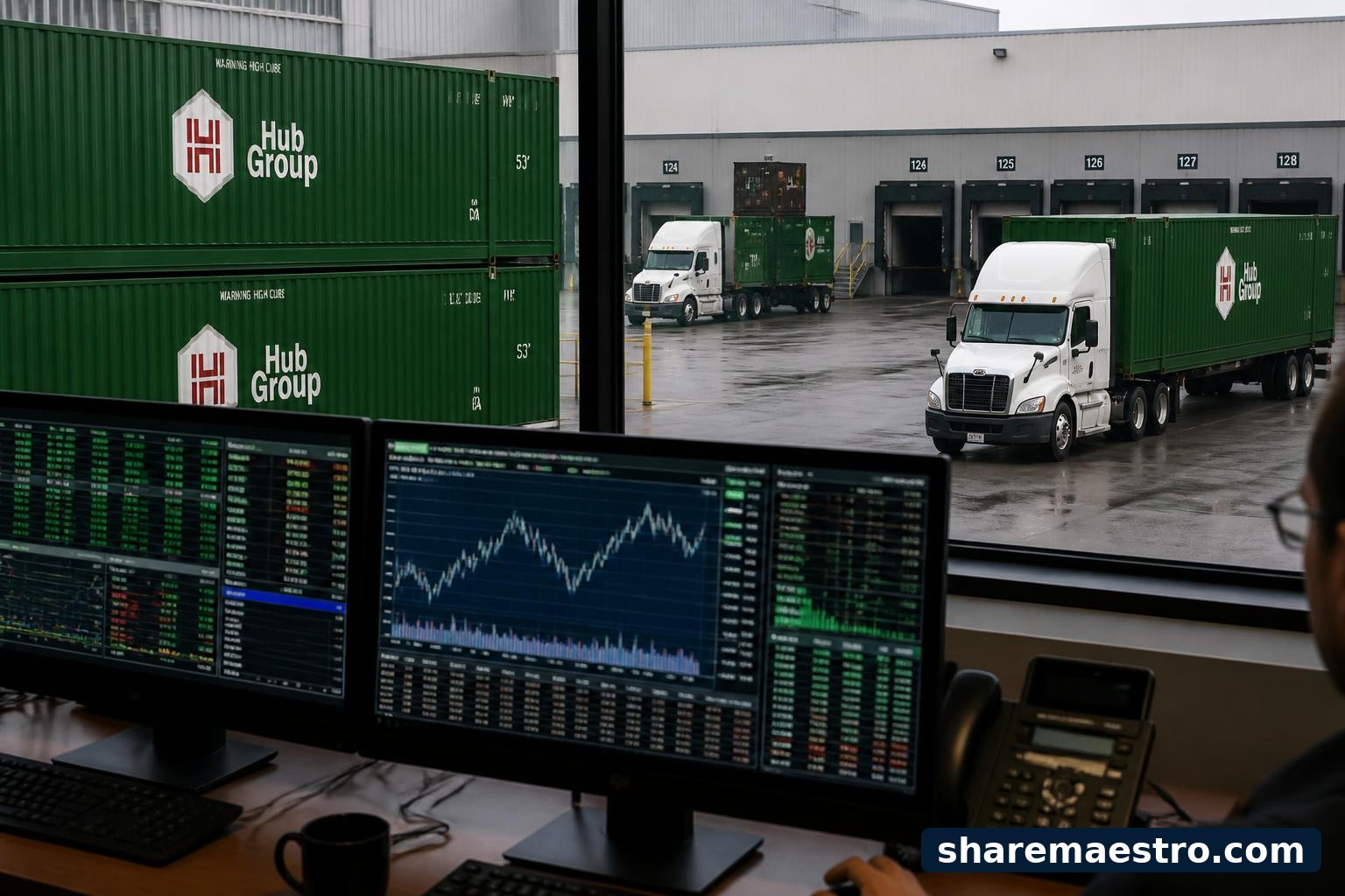 Hub Group freight containers and trucks at a logistics facility with market data screens nearby.
