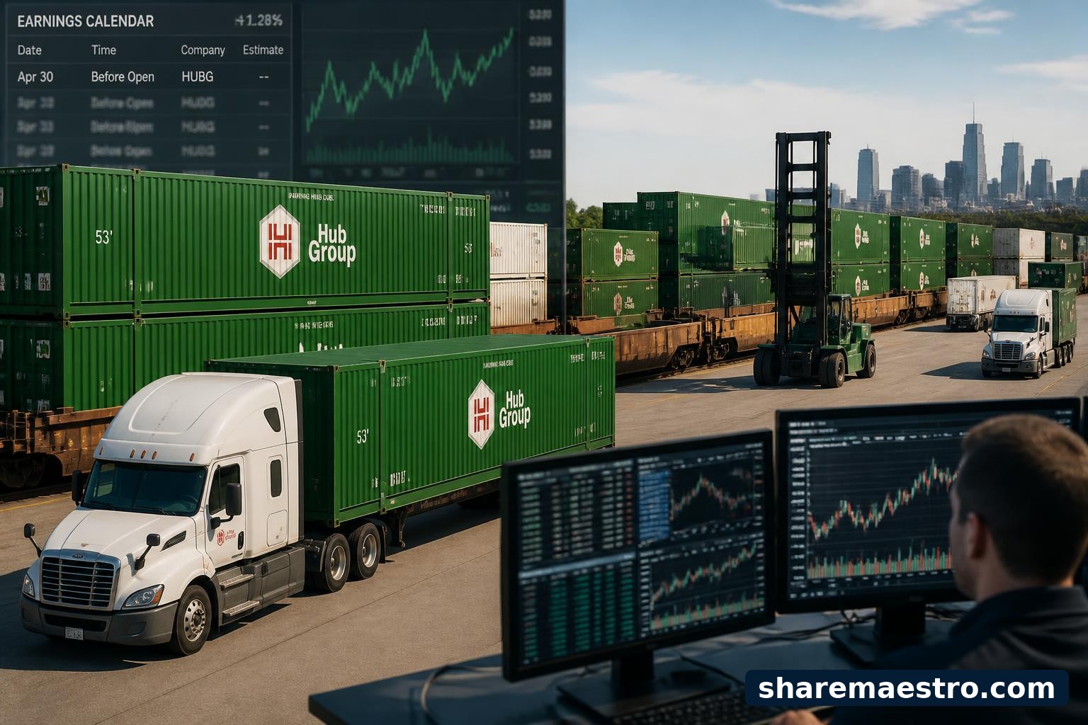 Hub Group intermodal freight containers and logistics trucks representing the company’s earnings setup.