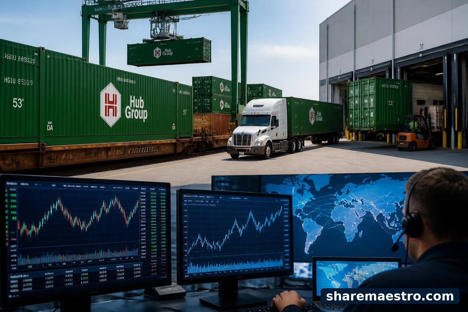 Hub Group freight logistics containers and trucks beside a market-data terminal.