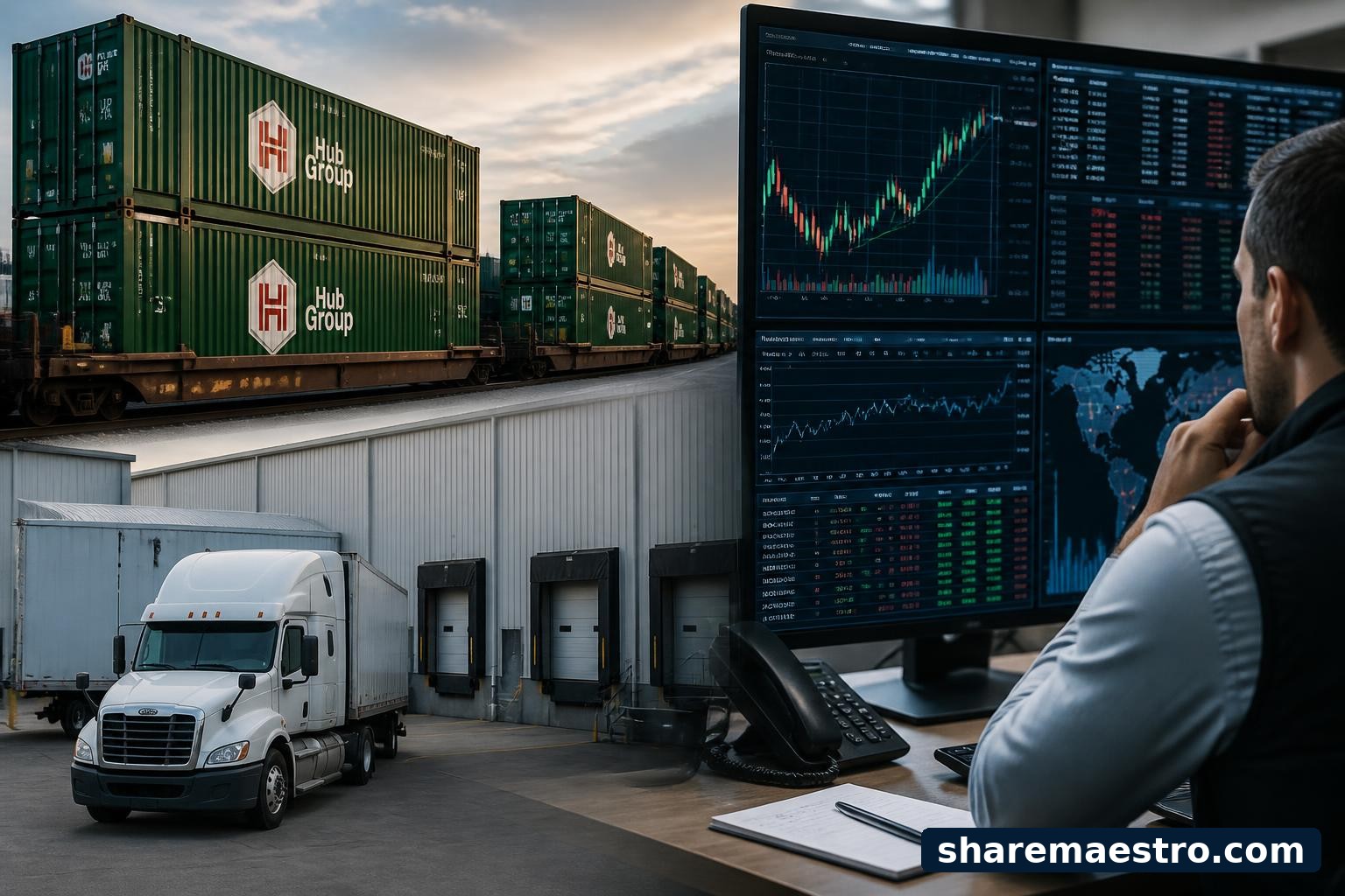 Intermodal freight containers and a logistics warehouse scene with market data screens representing Hub Group earnings context.