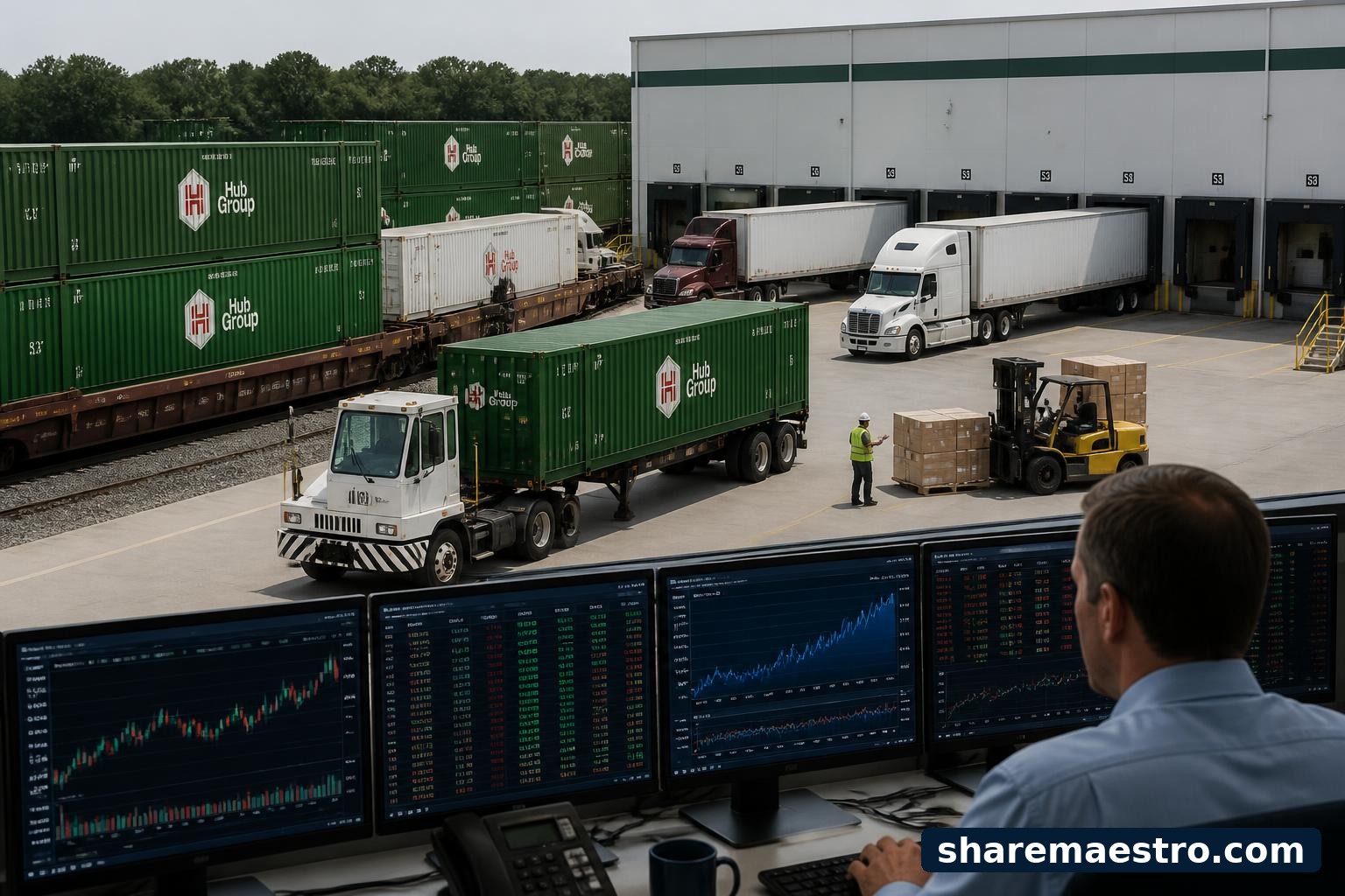 Intermodal freight containers and trucks at a logistics yard with market data screens in the background.