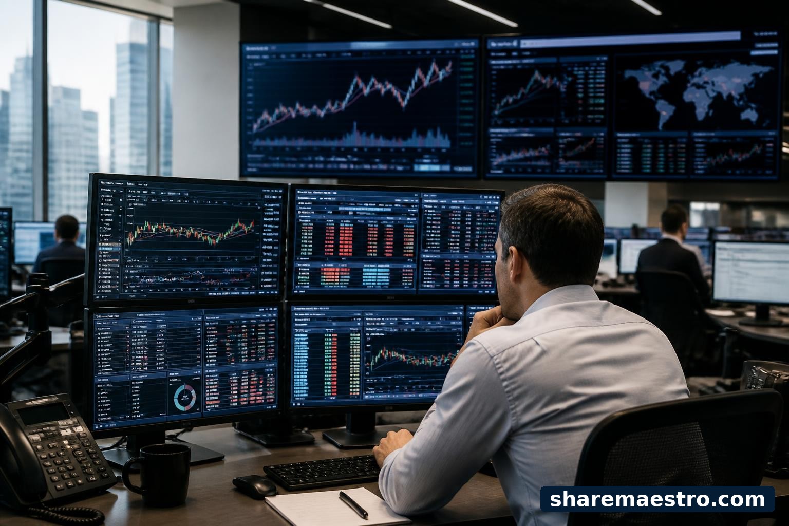 Electronic brokerage trading desk with market screens and order-entry monitors.