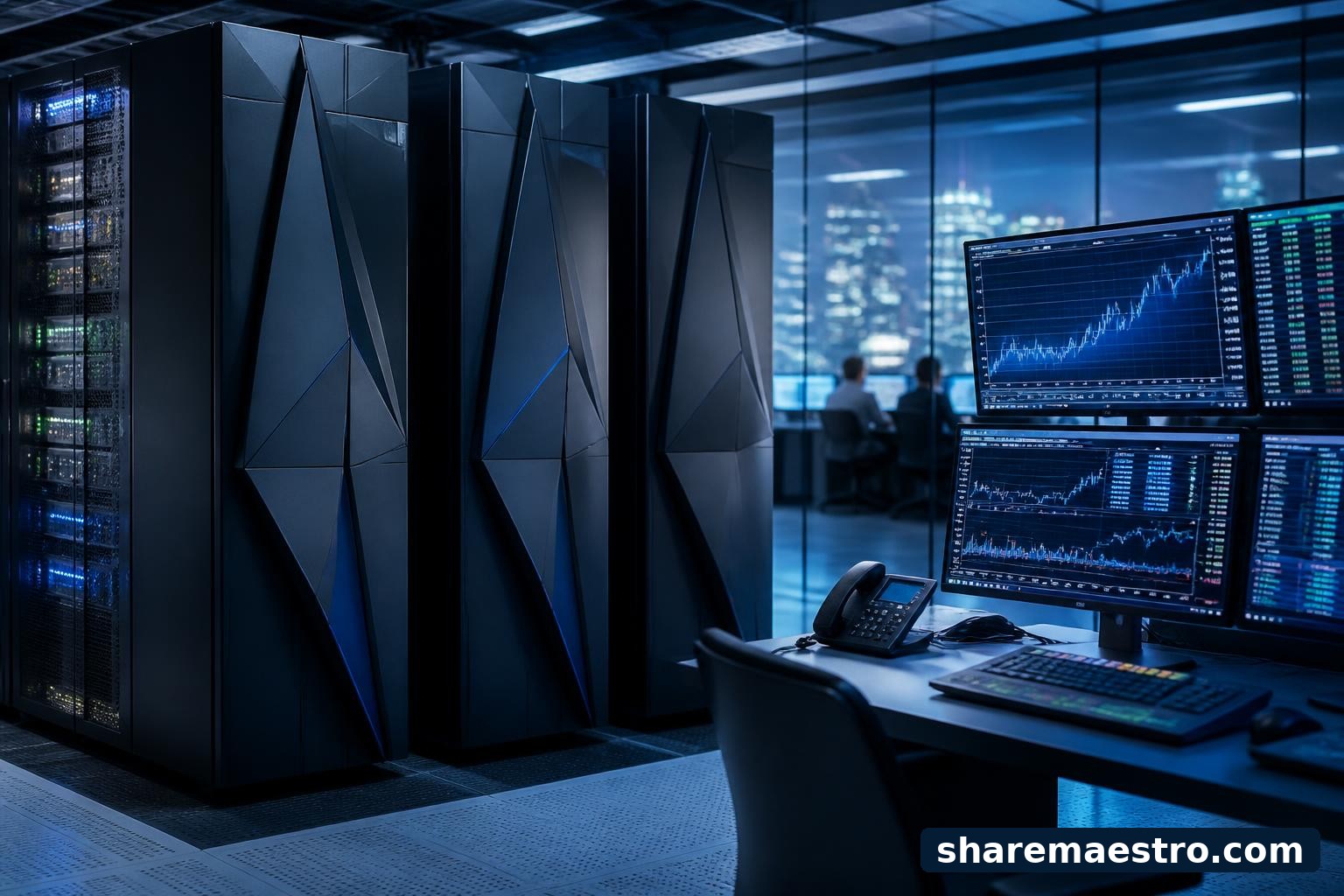 Enterprise server racks beside a market-data terminal representing IBM technology services and market monitoring.