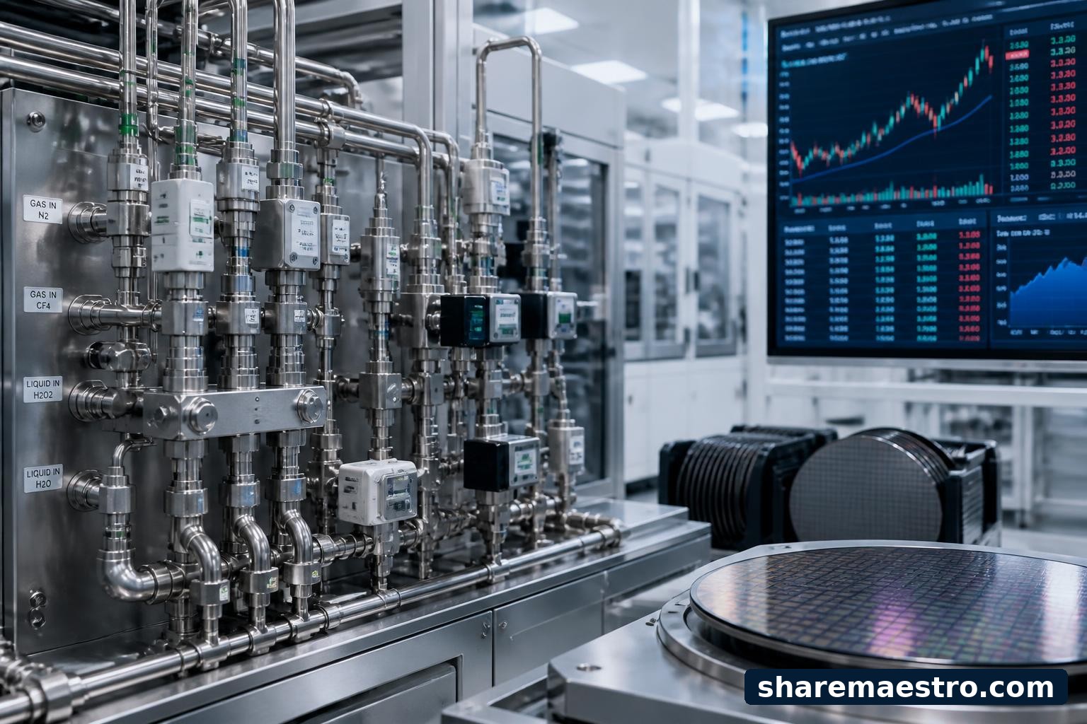 Semiconductor equipment fluid delivery components in a cleanroom with market data screens.