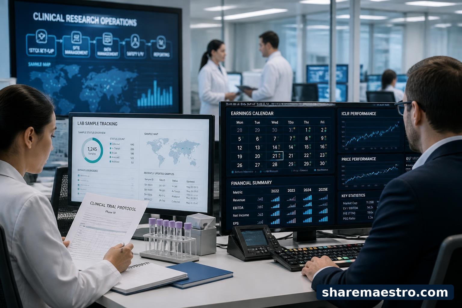 Clinical research and healthcare finance workstation representing ICON PLC ahead of earnings.