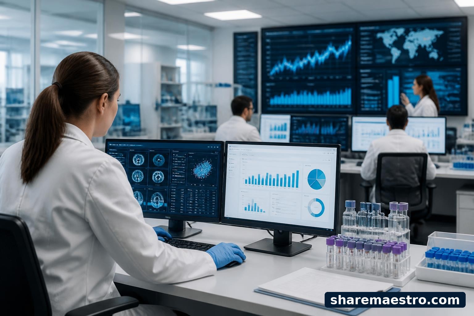 Clinical research office with trial documents, sample vials, and market monitors for ICON PLC earnings coverage.