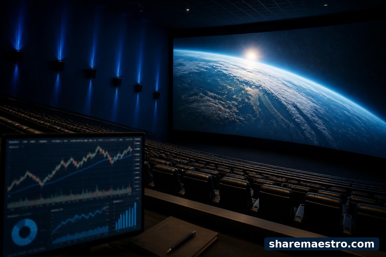 IMAX cinema auditorium with a finance terminal showing generic market charts.