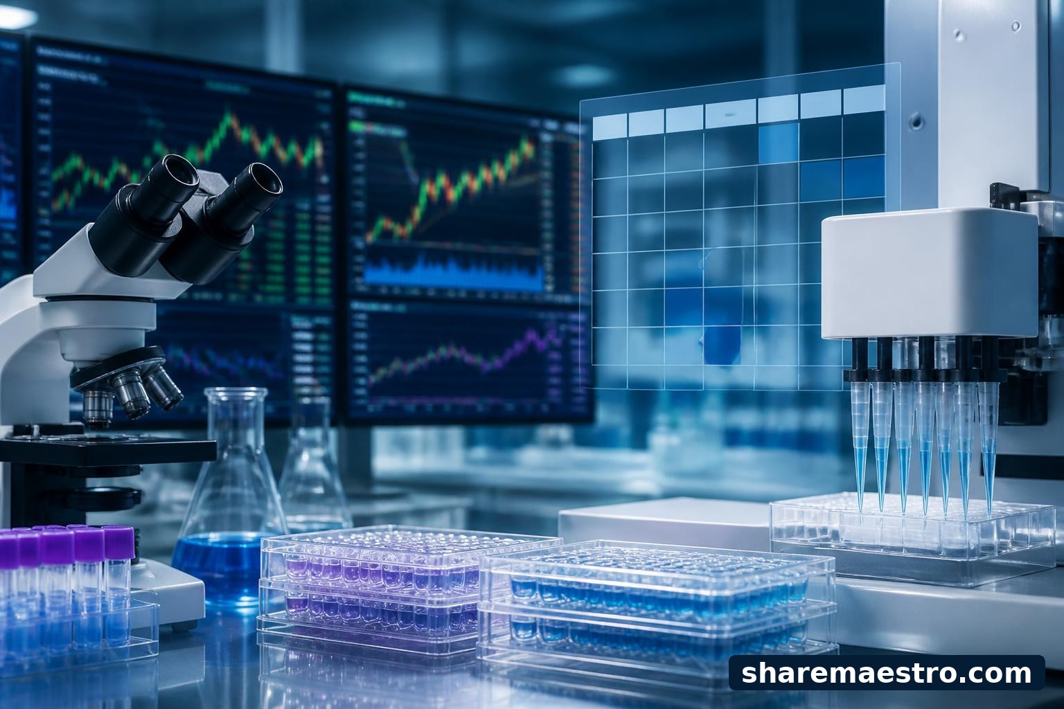 Biotechnology lab and market data screens representing Incyte earnings watch.