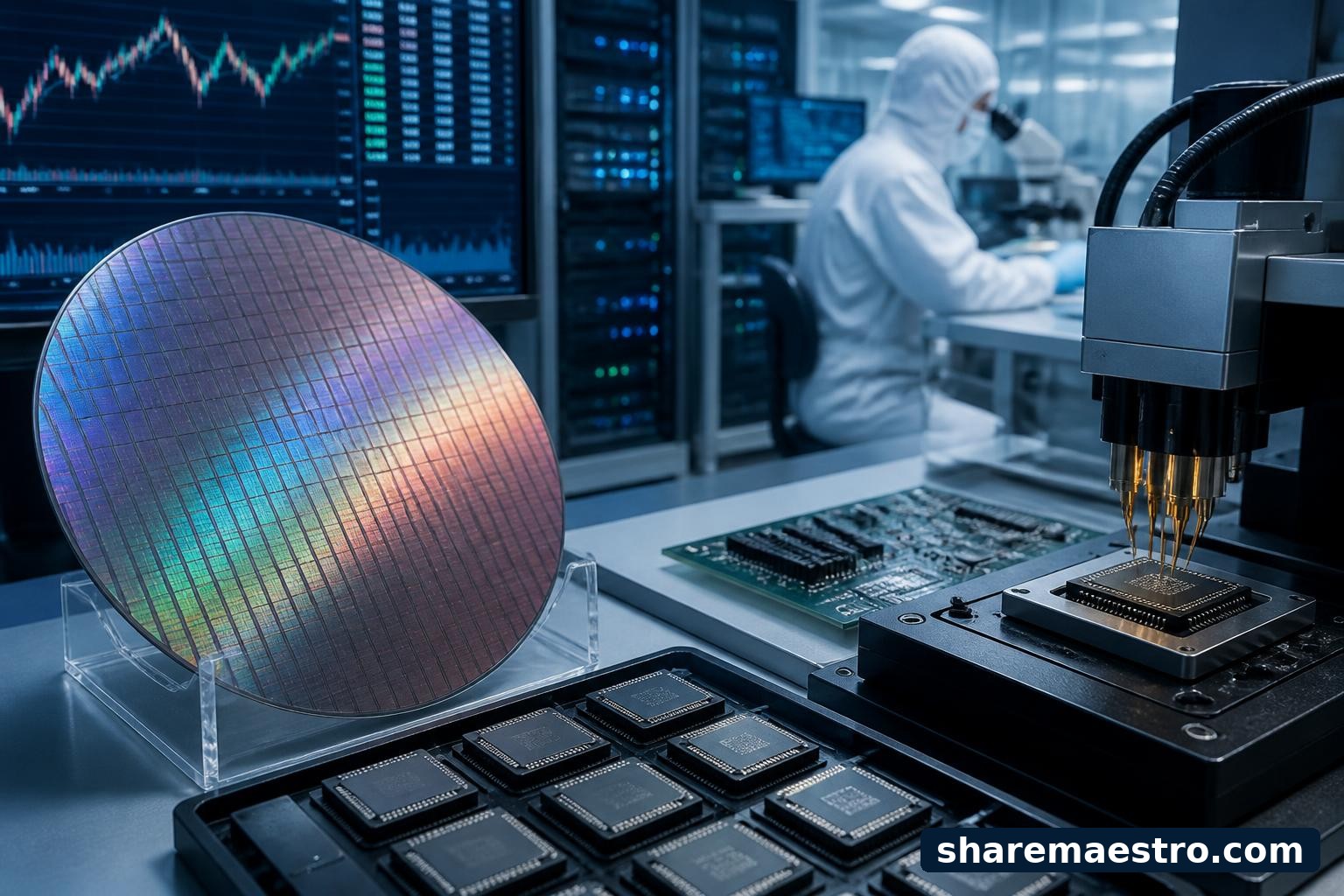 Semiconductor wafers and microprocessors beside a financial data terminal representing Intel market coverage.