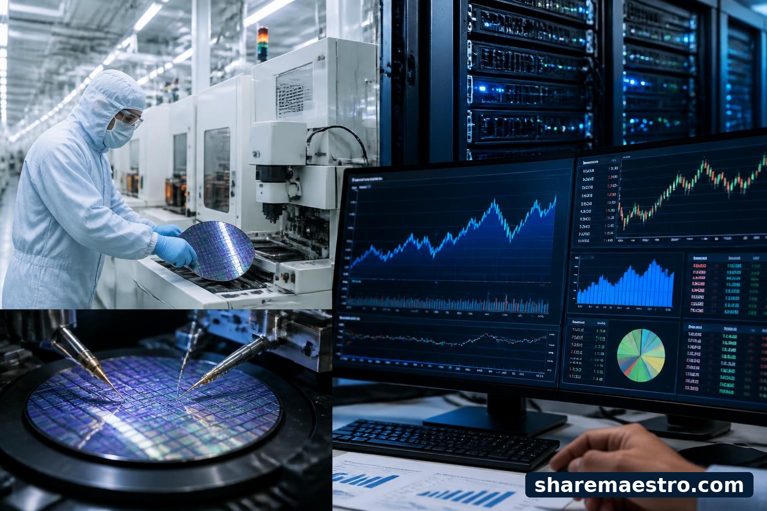 Semiconductor wafers and market data screens representing Intel trading activity.