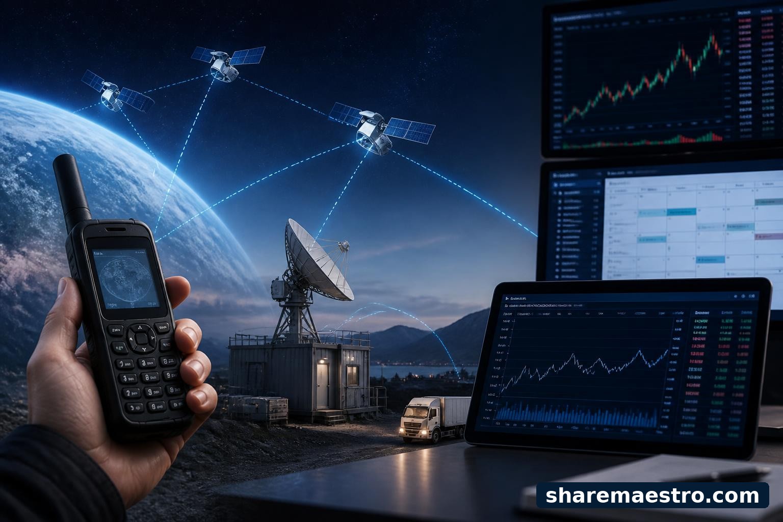 Satellite communications and market data visual for Iridium Communications earnings coverage.