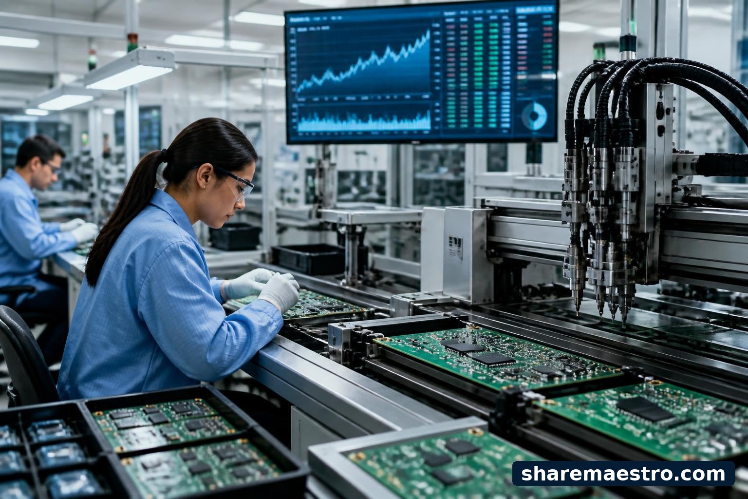Electronics manufacturing floor with circuit boards and a finance screen representing Jabil earnings watch.