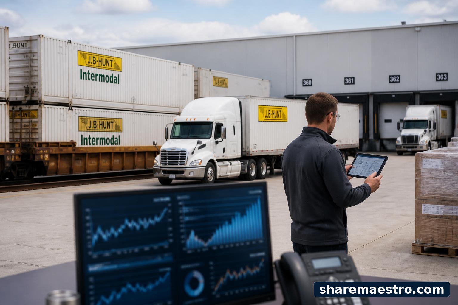 Freight trucks, intermodal containers, and logistics staff representing J.B. Hunt Transport Services market coverage.