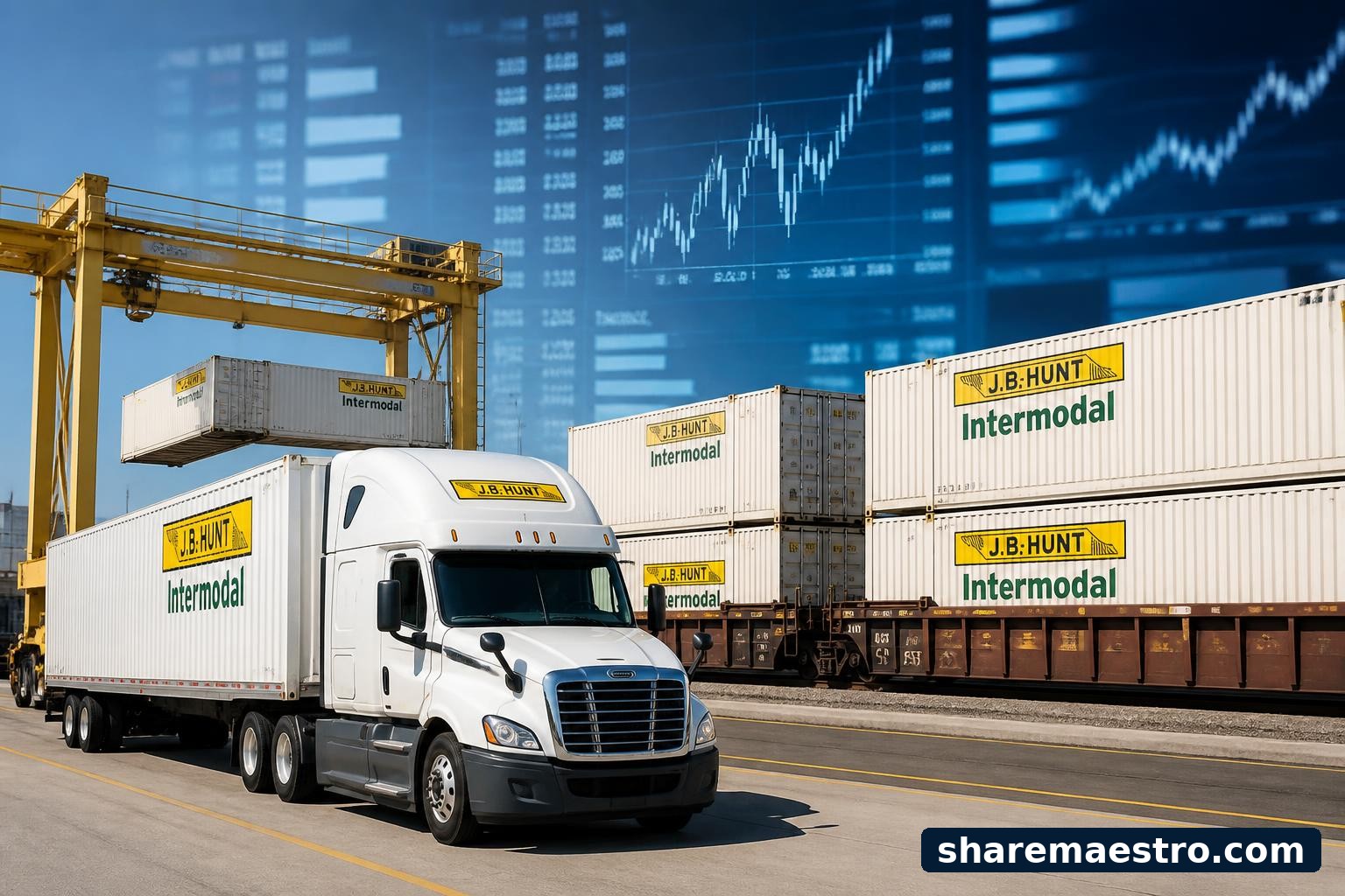 J.B. Hunt freight trailers and intermodal containers at a logistics terminal with market data screens nearby.