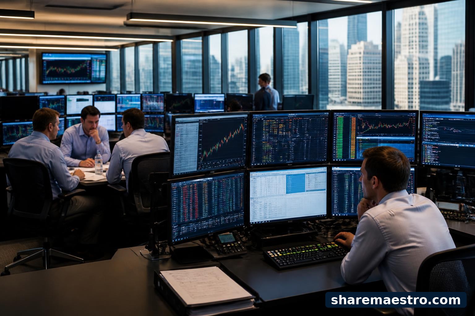 Investment banking professionals review capital markets data on trading screens.