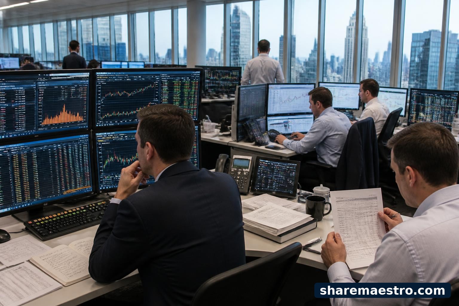 Capital markets trading desk with professionals reviewing market data and earnings materials.
