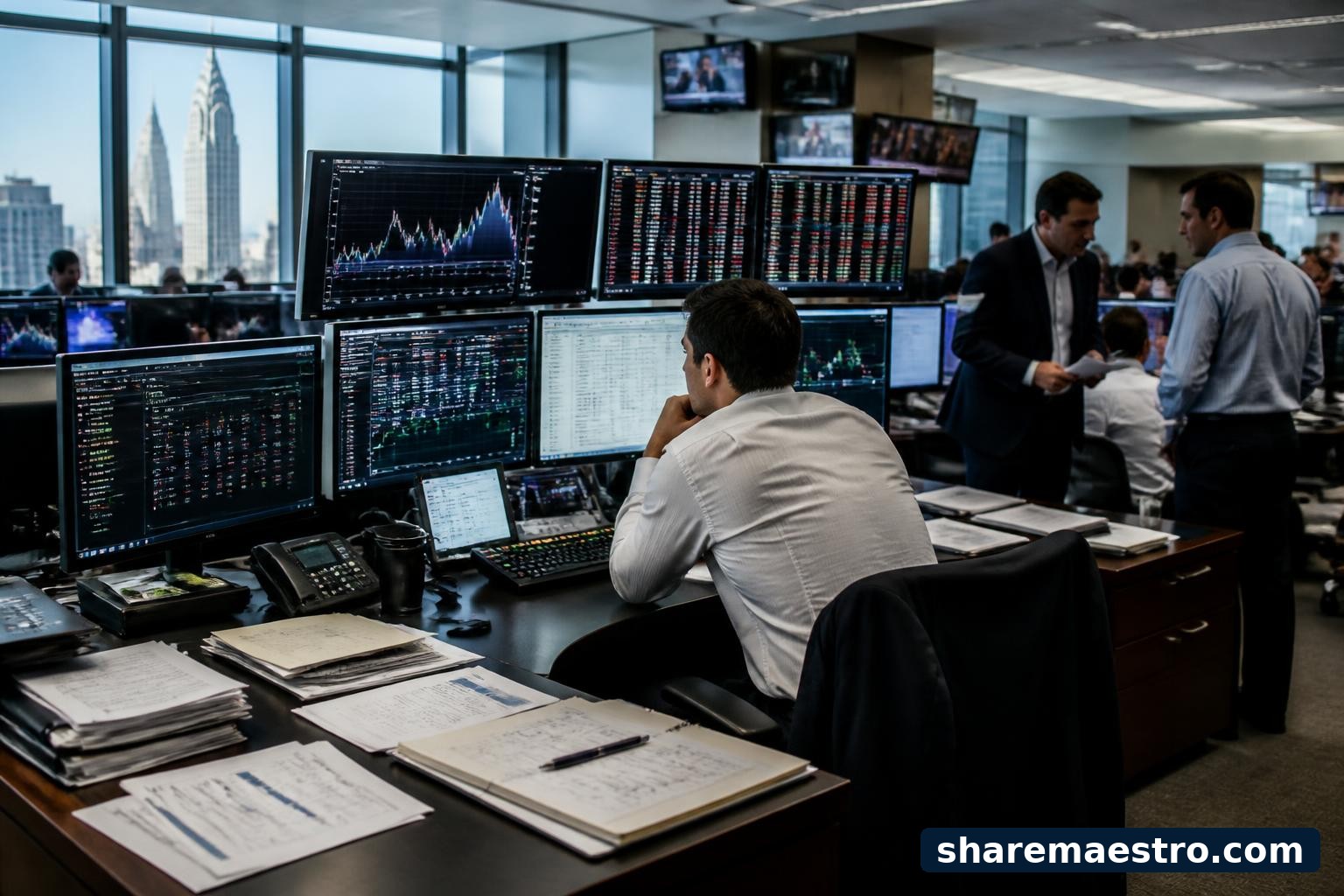 Capital-markets professionals working at trading and investment banking desks in a financial-services office.