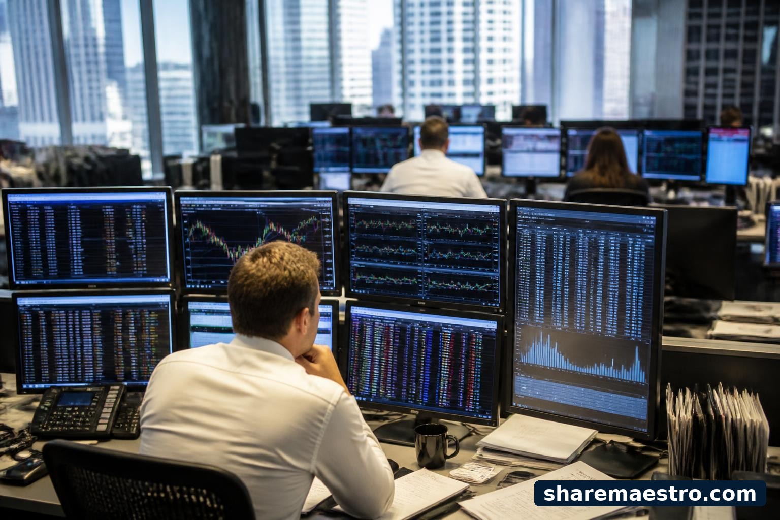 Trading desk with market terminals and an earnings calendar representing Jefferies Financial Group's capital markets business.