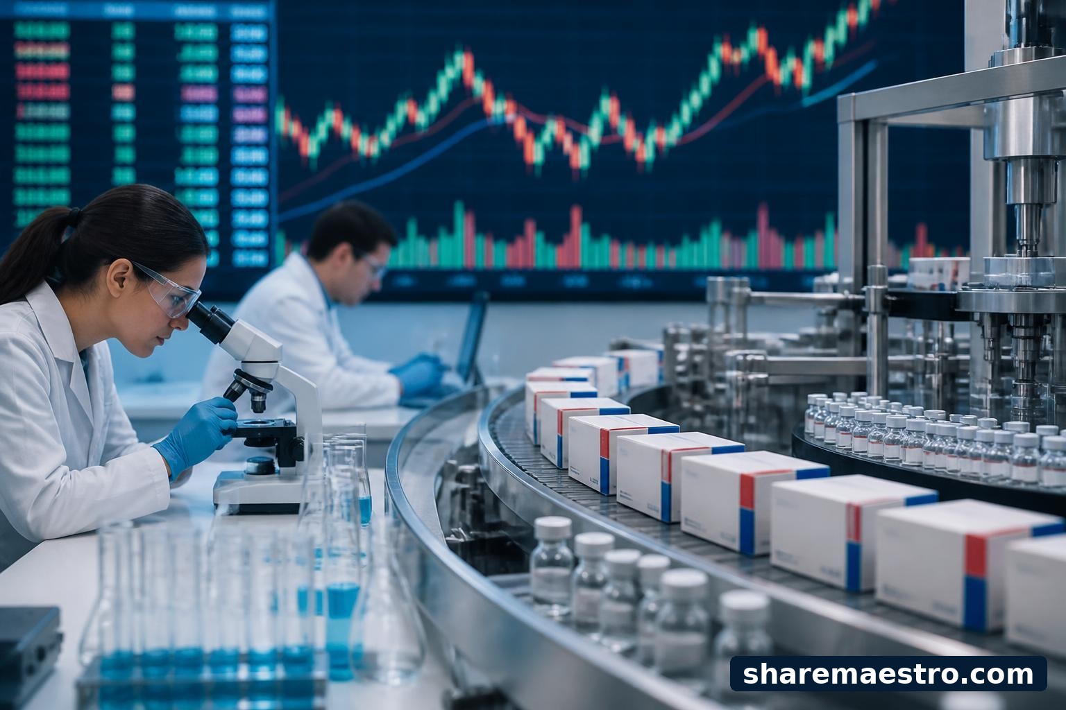 Pharmaceutical lab and medicine packaging line representing Johnson & Johnson market coverage.