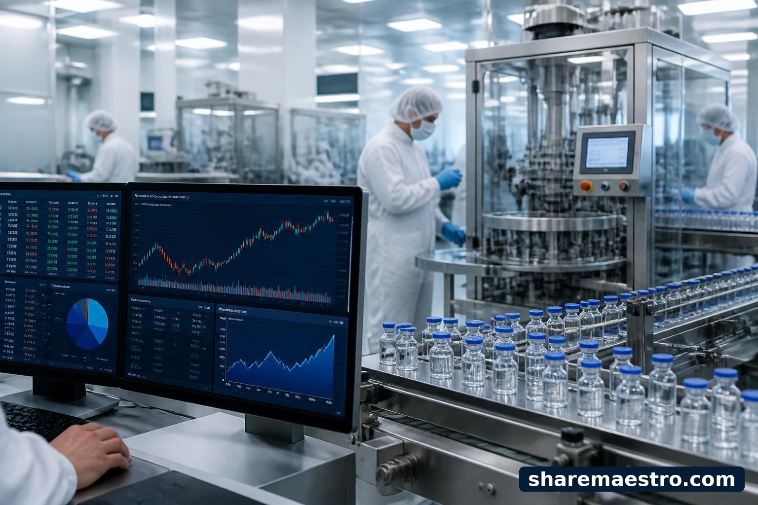 Johnson & Johnson pharmaceutical manufacturing scene with market data terminal.
