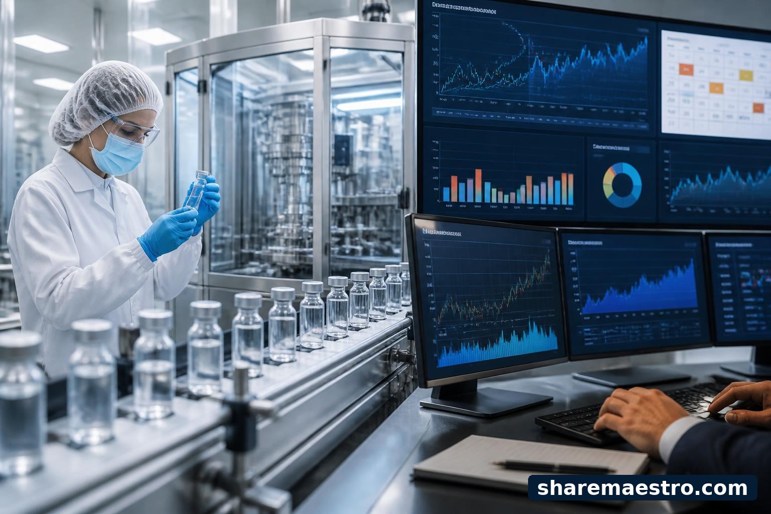Pharmaceutical vials and a market-data terminal representing Johnson & Johnson earnings watch.