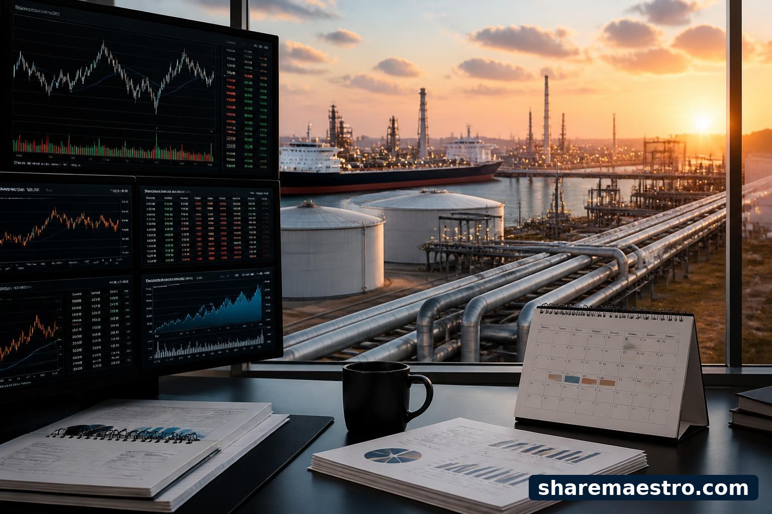 Oil and gas pipeline infrastructure with market data screens ahead of Kinder Morgan earnings.