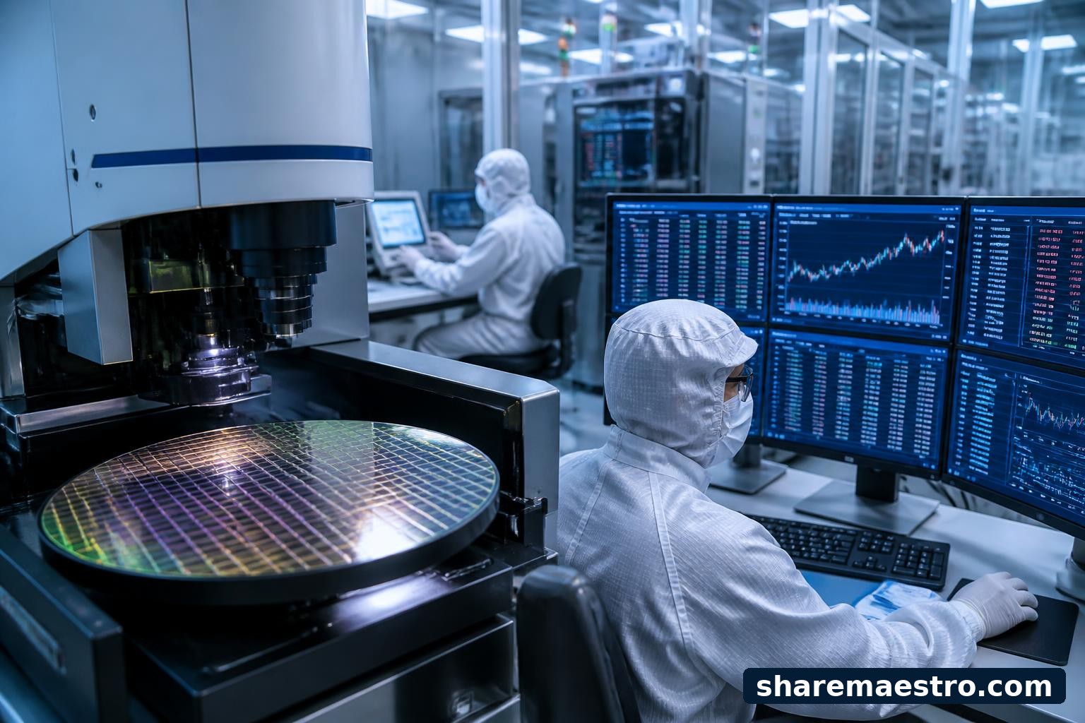 Semiconductor wafer inspection equipment in a cleanroom with a generic financial market display.