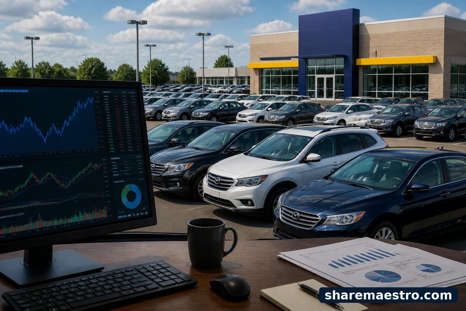Rows of used cars outside a dealership with a financial data terminal in the foreground.