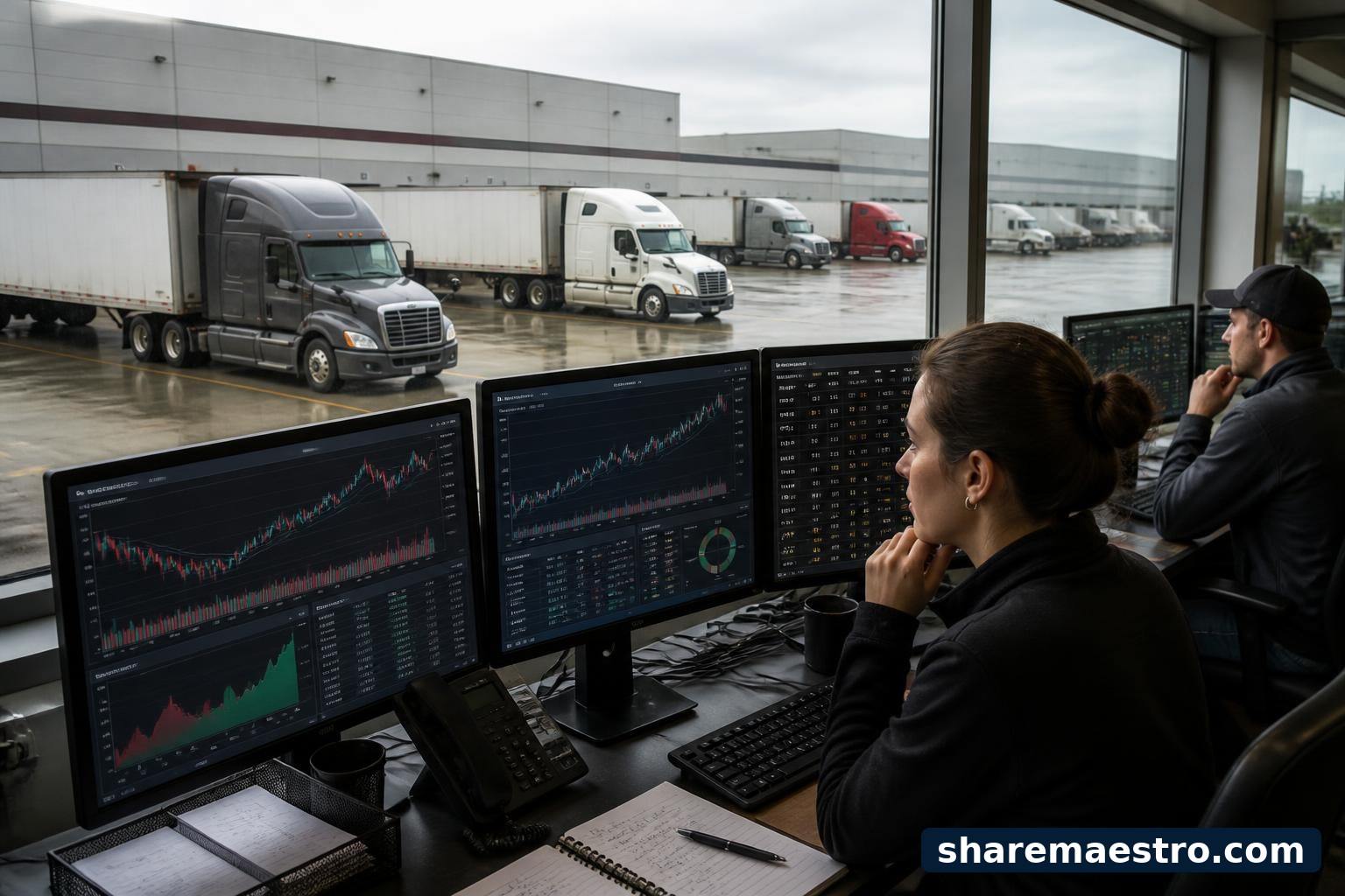 Semi-trucks at a freight terminal with dispatch staff reviewing market data.