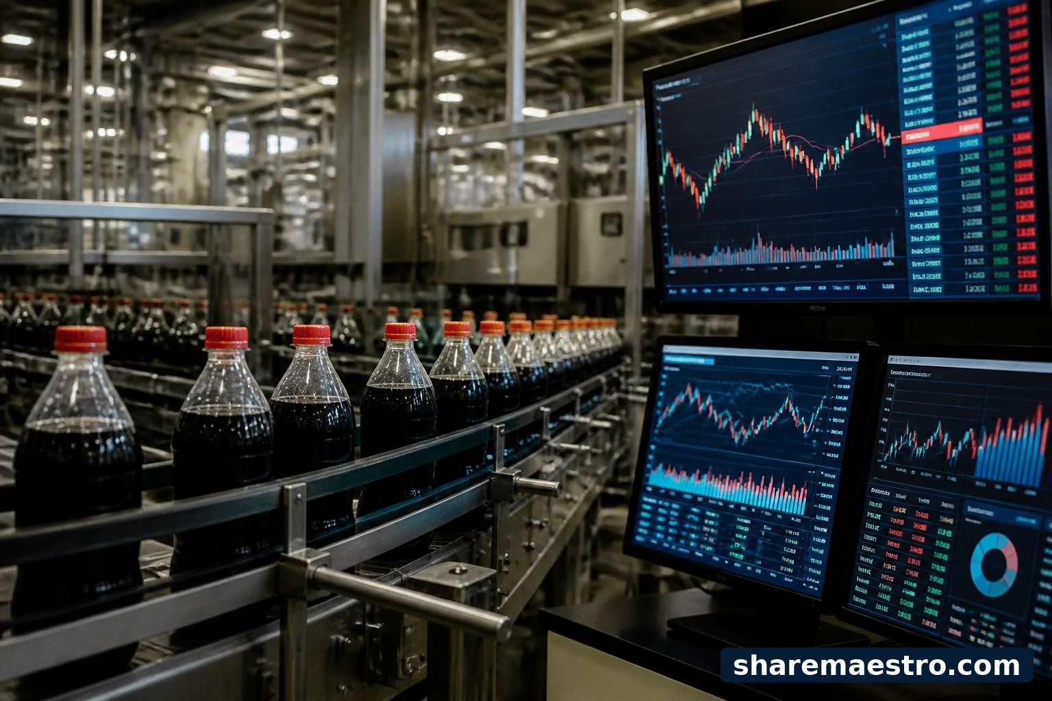 Coca-Cola beverage bottles on a bottling line beside a finance terminal with abstract market charts.
