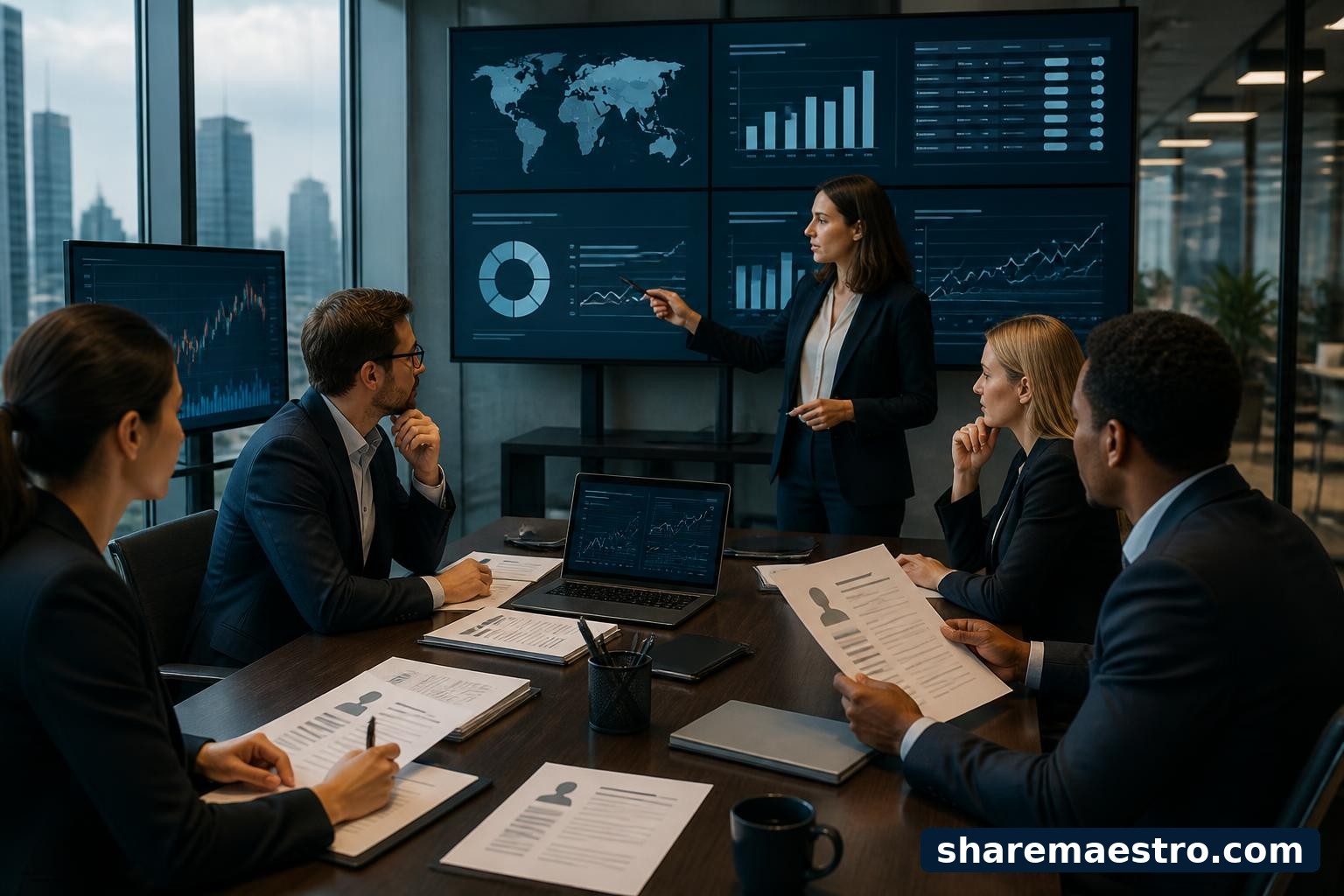 Recruiting and organizational consulting professionals review talent analytics and earnings calendar materials in a modern office.