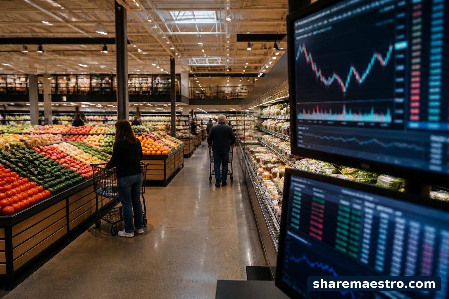 Kroger grocery store interior with market data screen representing earnings watch coverage.