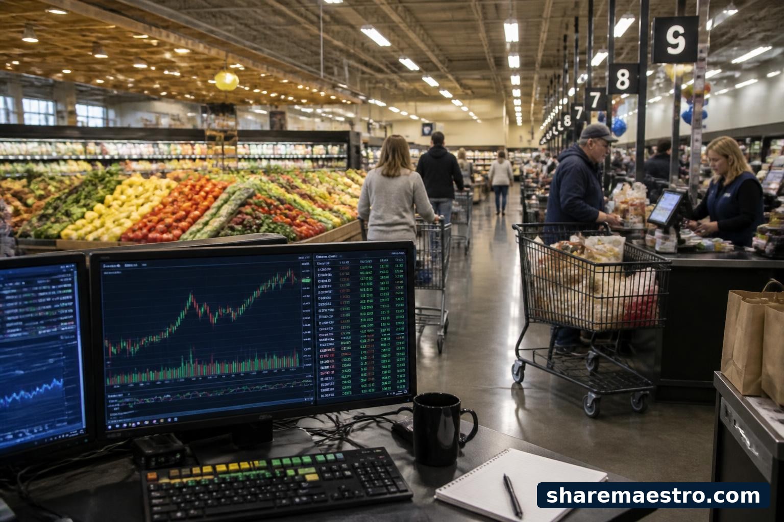Supermarket aisles and checkout lanes with a financial data terminal representing Kroger earnings coverage.