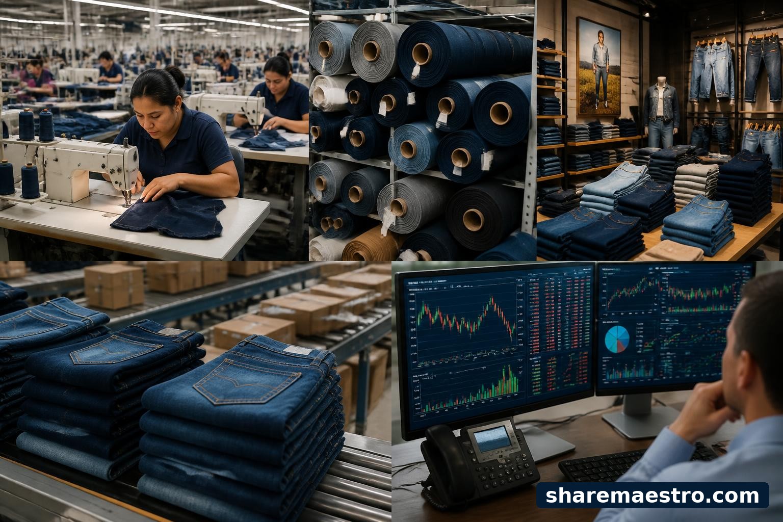 Denim apparel manufacturing and market data terminal representing Levi Strauss earnings watch.