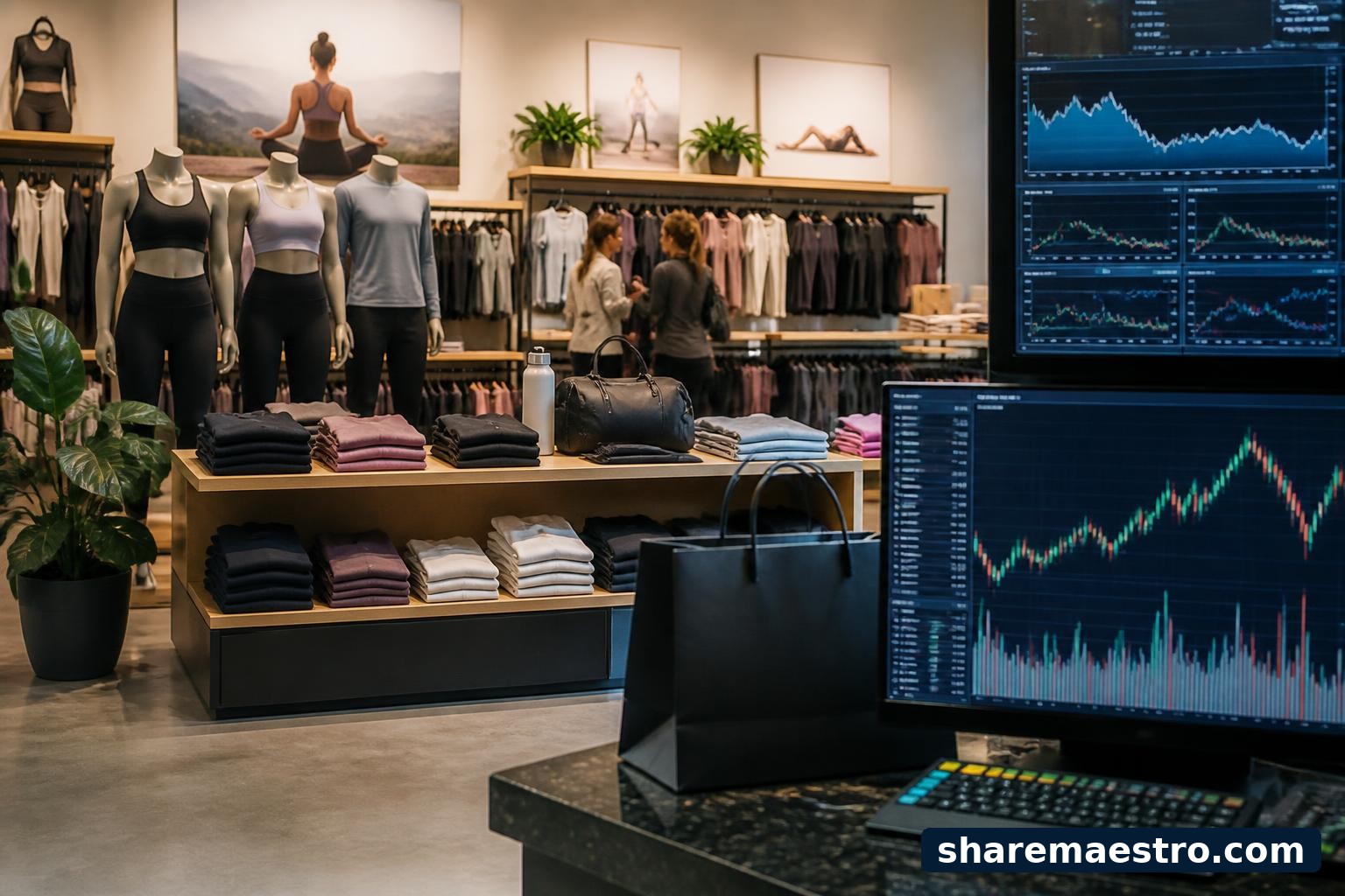 Athletic apparel retail display with market data screens illustrating Lululemon earnings context.