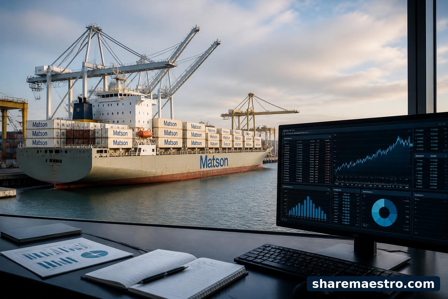 Container ship and port cranes representing Matson's marine shipping business.