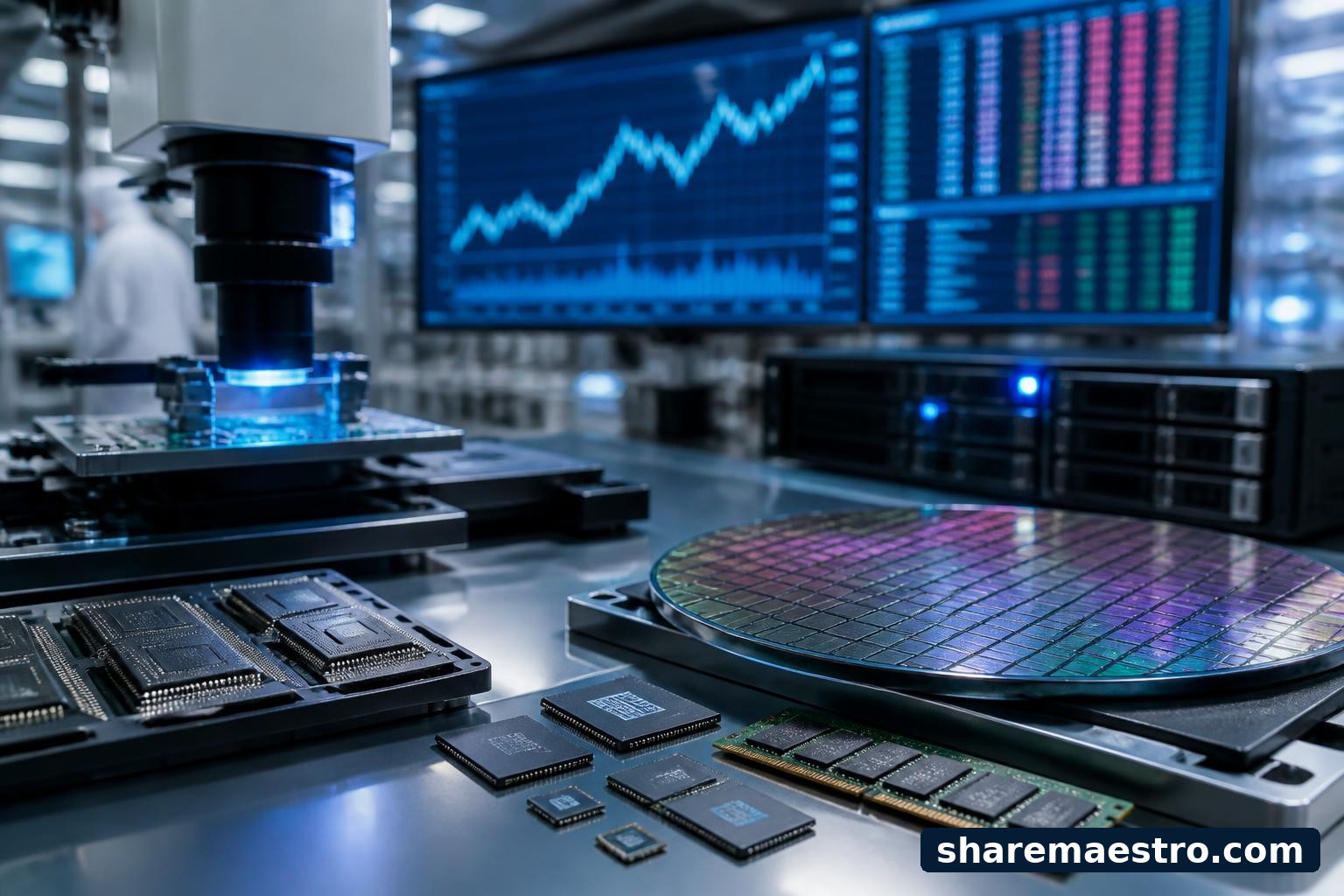 Micron Technology memory chips on an electronics manufacturing bench with market data screens behind them.