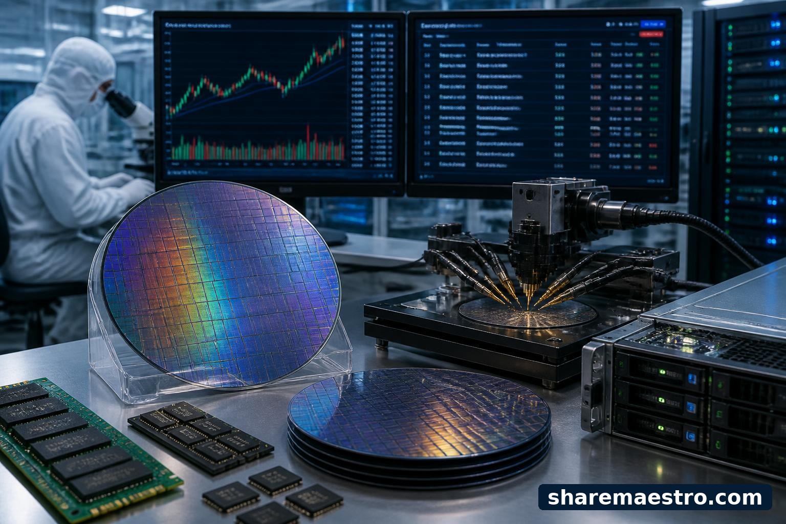 Semiconductor memory chips and wafers beside a finance terminal showing earnings context.