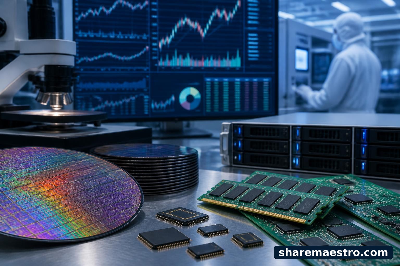 Semiconductor memory chips and wafers beside a market data screen.