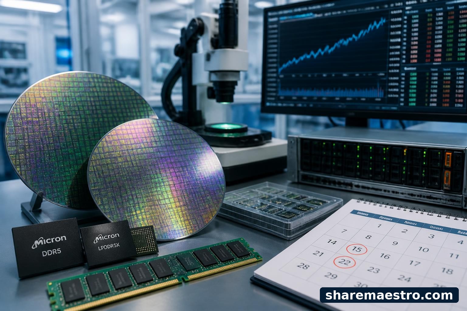 Micron Technology memory chips and semiconductor wafers near a market data terminal.