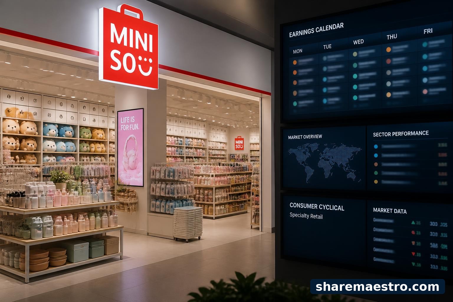 Specialty retail store shelves with a market-data screen and earnings calendar context.