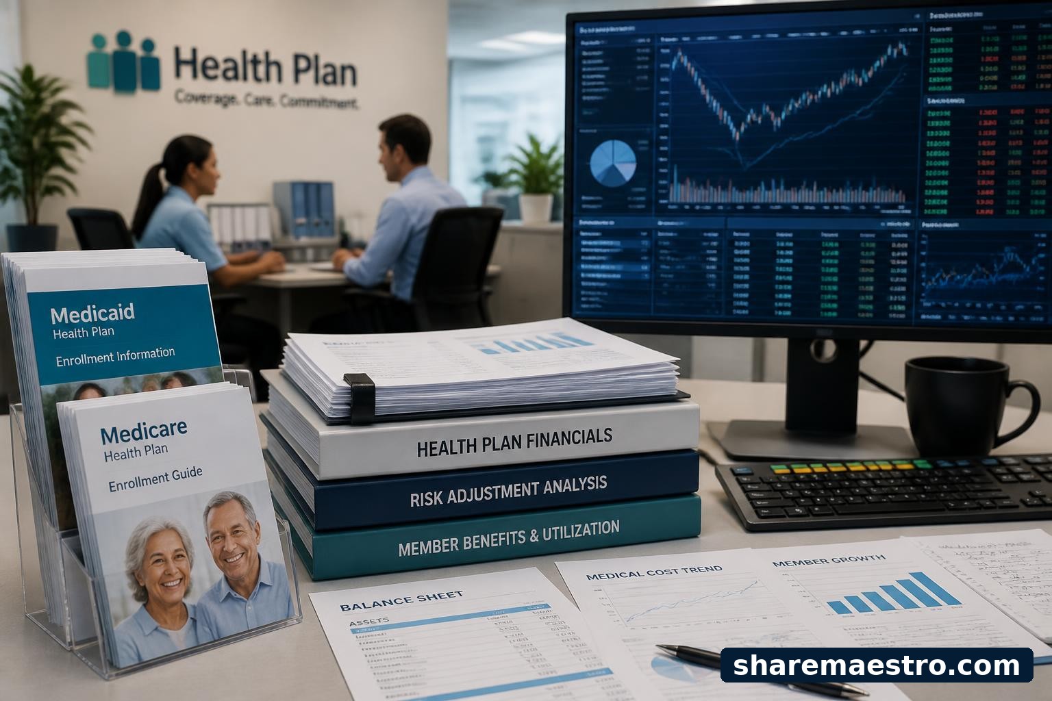 Managed healthcare plan documents and market data on an office desk for Molina Healthcare earnings context.