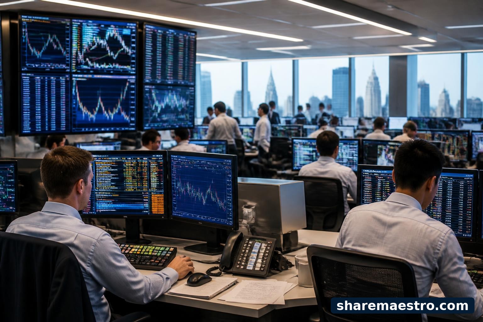 Investment bank trading desk with financial market screens representing Morgan Stanley capital markets activity.