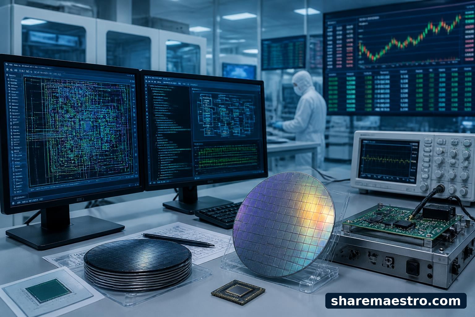 Semiconductor design workstation with circuit-board schematics, silicon wafers, and a market-data terminal.